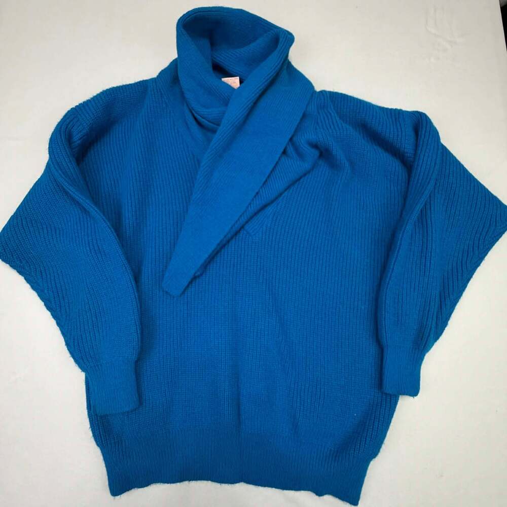 Vintage Jordan Blue Chunky Ribbed Shawl Collar V-Neck Knit Sweater Large